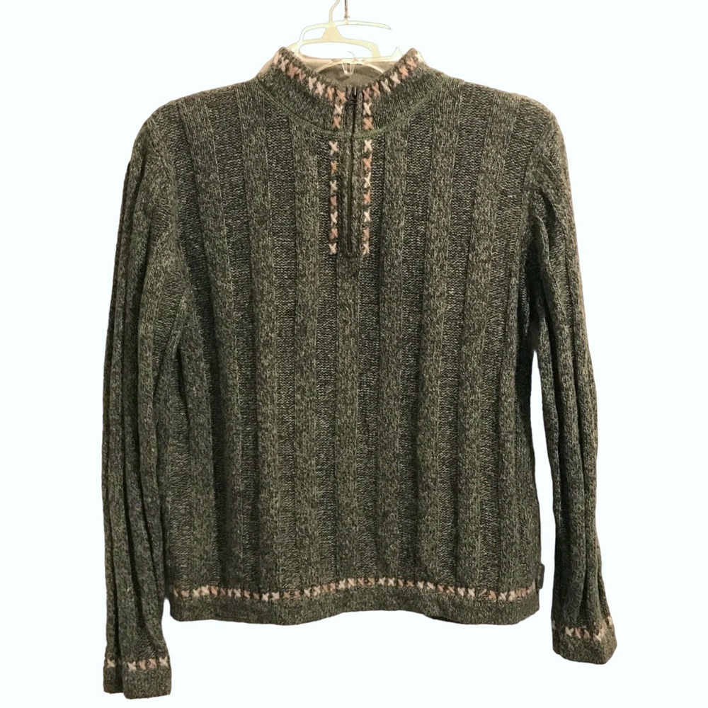 Woolrich Olive Green Cable Knit Sweater with Trim Womens Sz. Medium Quarter Zip